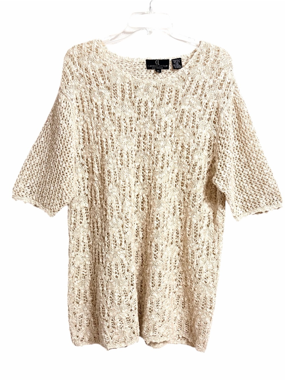 Carole Little Vintage Linen Blend Open Knit Tunic Sweater XL Cream Gold Coastal